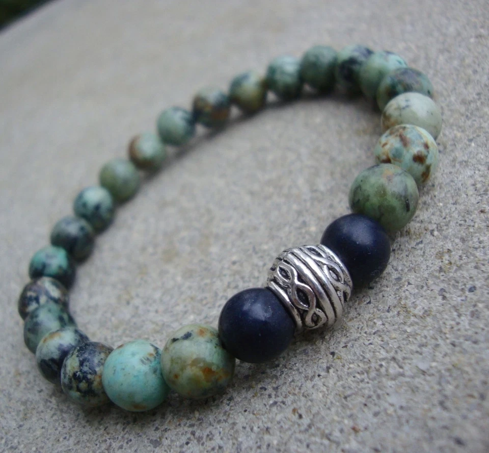 Pulsera elástica con cuentas turquesa africana para hombre 8 mm pulseras apilables Foto 3 de 3