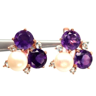 925 Sterlingsilber 8 Mm. Weiße Perle, Amethyst & Topas Ohrringe - Bild 1 von 4