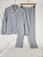 Alfred Dunner Womens 2 Piece Pants Set Light Blue Size 10 Embroidered Jacket