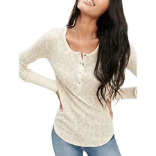 Splendid Thermal Forever Leopard Henley in Heather Oatmeal Size S