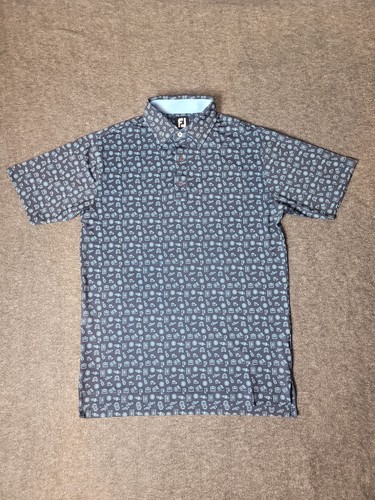 Footjoy Lisle Men's Golf Polo Size S Travel Print Self Collar Blue Short Sleeve
