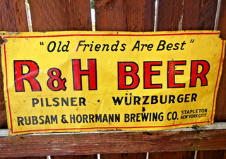 VINTAGE RARE 1900 R & H BEER EMBOSSED TIN TACKER SIGN STAPLETON NY
