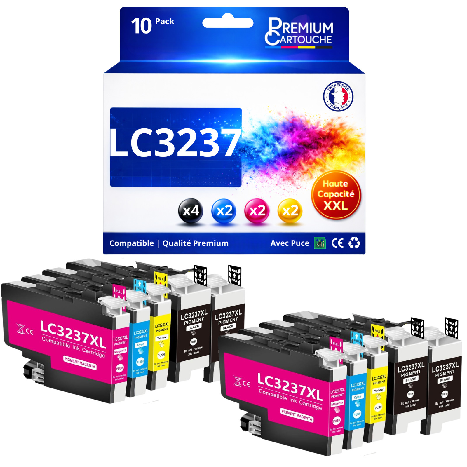 Pack 10 Cartouches LC3237 Noir et Couleurs Haute Capacité pour Imprimantes Brother