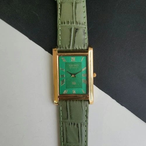 Vintage Seiko Slim Tank Quartz Men Green Dial Dress Watch-Free Shipping