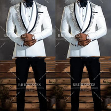Rhinestone Men's Suit Shawl Lapel White Hosting Wedding 2Pcs Bridal Jacket