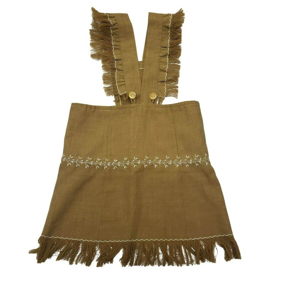 Handmade Embroidered Girls Pinafore Dress Fringe Brown Tan White Boho Prairie - Image 2 of 4