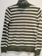 Massimo Dutti Olive Green Stripy Turtleneck 96% Wool 4% Cashmere Size M