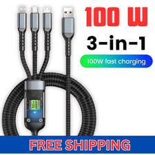 100w 3 in 1 Super Fast USB Type C Charging Braid Phone Charger Lead with Display
