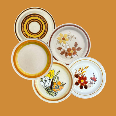 5 Vintage Stoneware Floral Salad Plates, Cottagecore Retro Tablewares