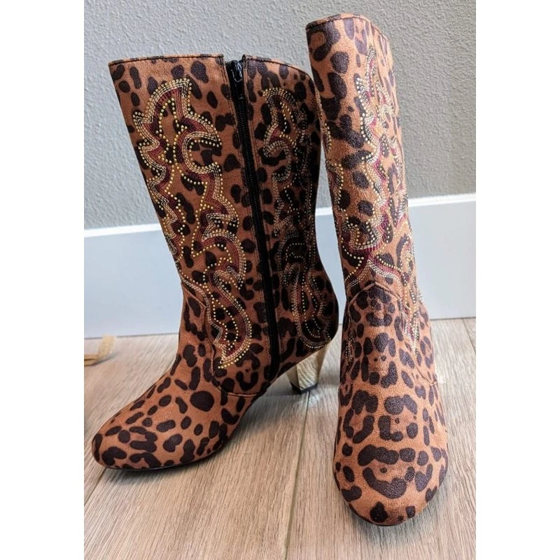 Brand New Joan Boyce Animal Print Mid-Calf Rhinestone Mirrored Heel Boots 7.5 - Image 3 of 4