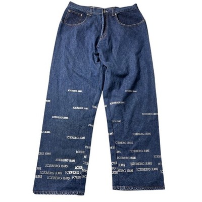 VTG Iceberg Jeans Mens 36x32 Dark Wash Logo Print Wide Leg Denim Made in Italy