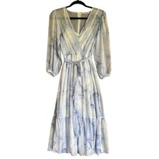 Calvin Klein Blue White Watercolor Midi Dress 2 Tie Waist Cottage Flowy Ethereal