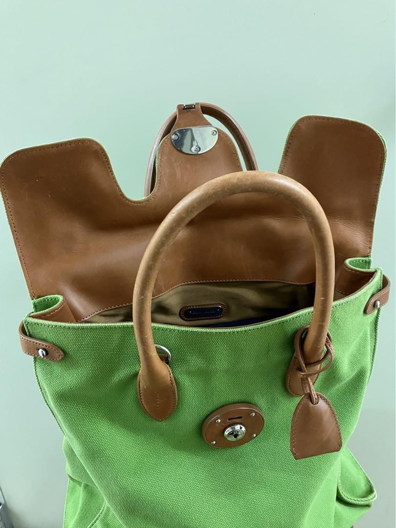 RALPH LAUREN Ricky Canvas Tote Bag Green Leather Handle Italy 