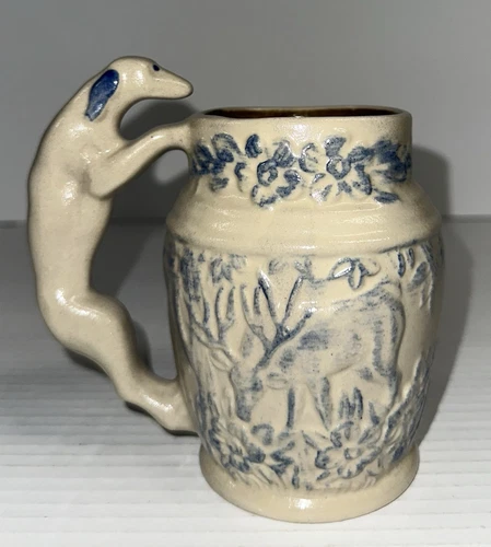 Beaumont Brothers Pottery Mug Greyhound Dog Handle Blue & White w/Deer