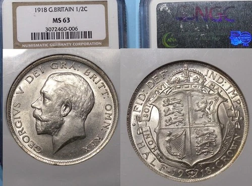 1918 GREAT BRITAIN ½ CROWN NGC MS 63 FLASHY #AC2-20
