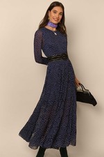 New Rixo Kristen Tiered Polka Dot Navy Midi Dress Sz S