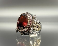 Ruby Gemstone 925 Sterling Silver Handmade Mens Ring - Turkish Handmade Red Ring