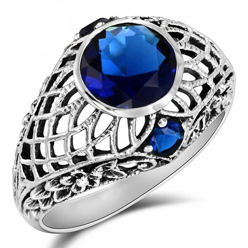 2CT Treated Blue Sapphire 925 Sterling Silver Vintage Art Ring Sz 9 XA3-4