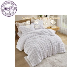 3 Pieces Fluffy Faux Rabbit Fur Comforter Set Bedding Set for Winter - Queen