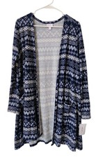 Lularoe Abstract Pattern Stripes Large Caroline Cardigan L Blue White Print NEW