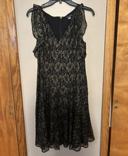Black Floral Lace A-Line Dress Ruffle Sleeveless V-Neck Lined Zip Back S