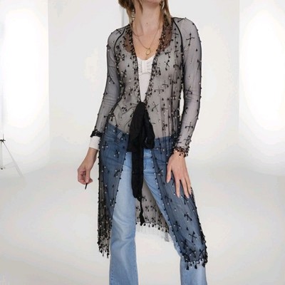 Blank Blnk London Seide Nylon Cardigan Netz Mantel Perlen verziert S Uk 8 10...