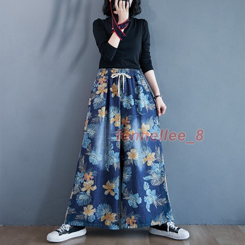 Ethnic Women Floral Denim Pants Wide-leg Jeans Trousers Loose Baggy Casual Retro - Picture 8 of 13