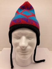 Wigwam Mills Beanie Winter Hat Ski Cap Turquoise Red Black Wool w/ Ear Flaps USA