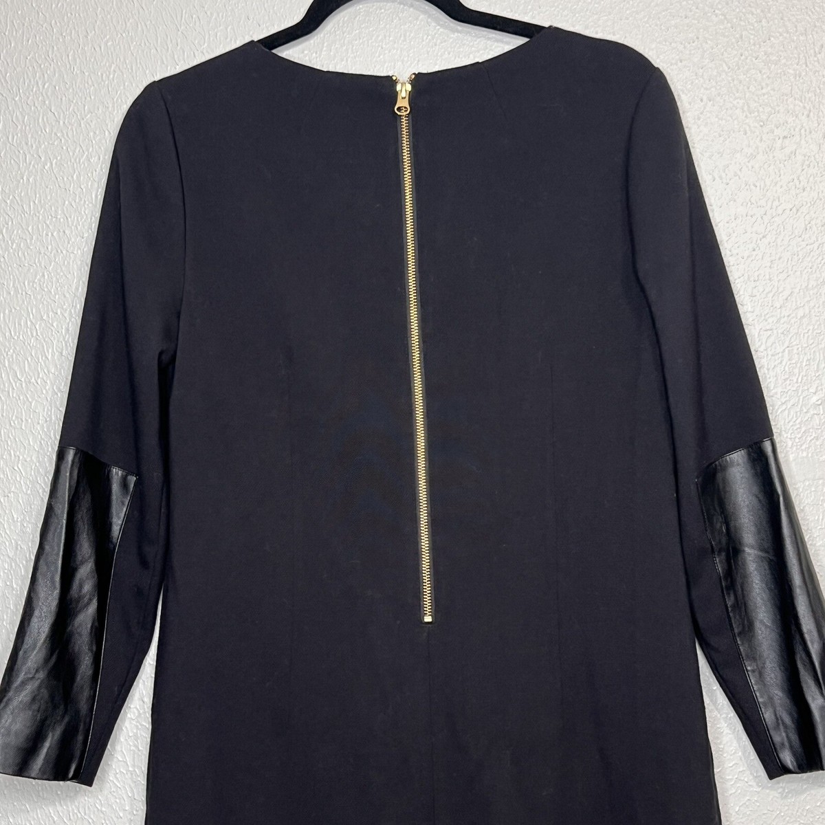 J. Crew Dress Womens Size 4 Black Long Sleeve Gold Zip Faux Leather Arm  Patch | eBay