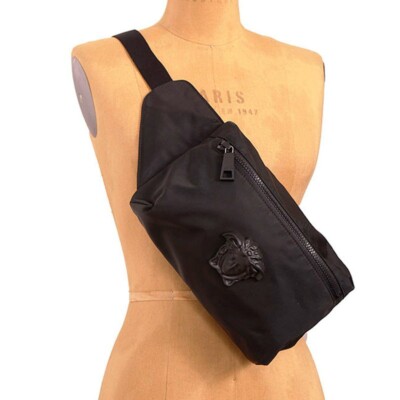 NEW $900 VERSACE Men's Black Nylon LA MEDUSA LOGO Sling Belt