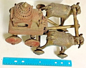 Vintage large handcast Brass/Bronze Bullock Cart, figurine & two bulls -- (G26)