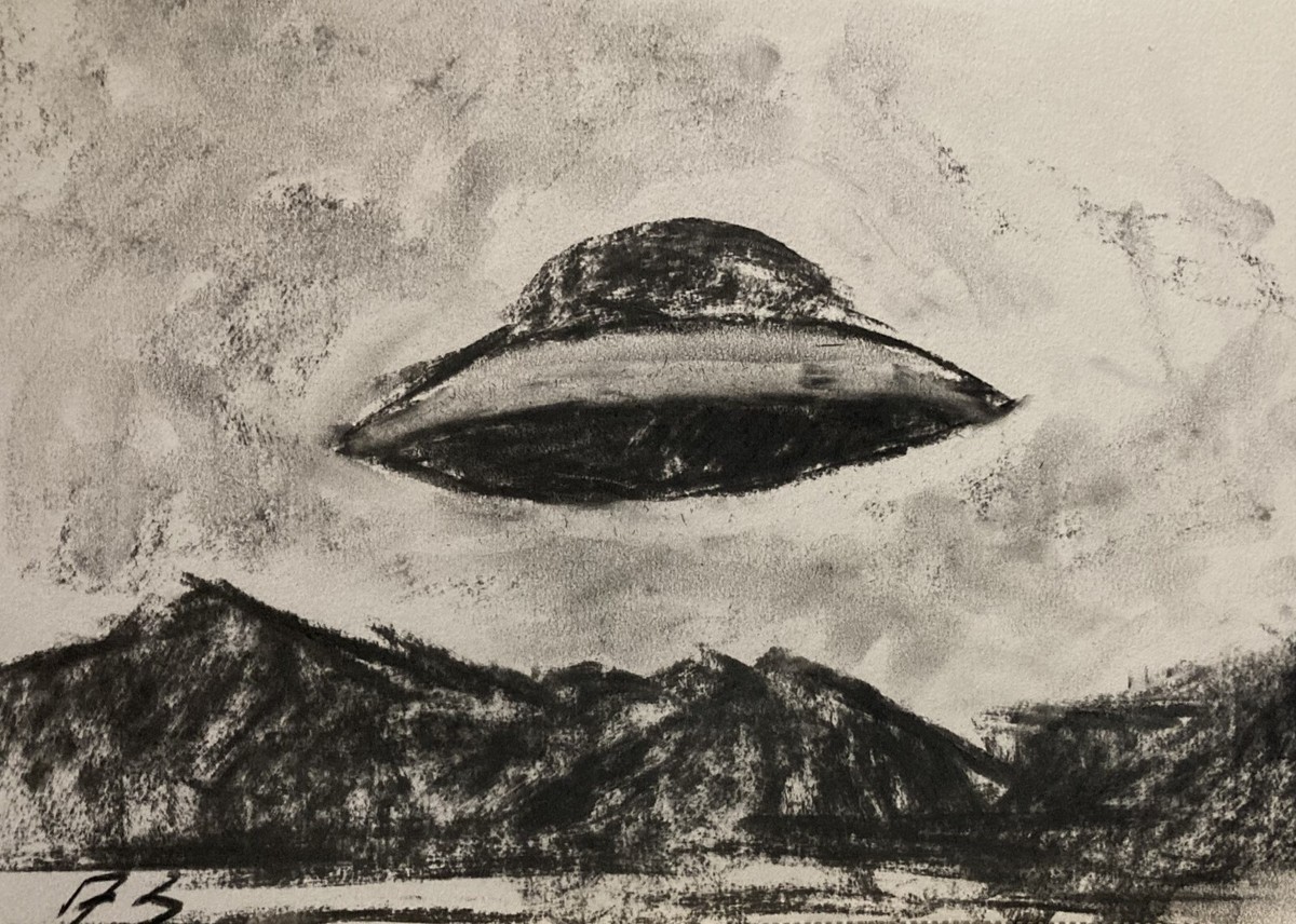 絵画 UFO UFO Landscape ORIGINAL CHARCOAL DRAWING Collectable SEMBERECKI COA