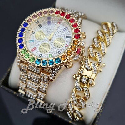HIP HOP GOLD PT MULTI COLOR STONE BLING WATCH & ICED CUBAN LINK BRACELET SET