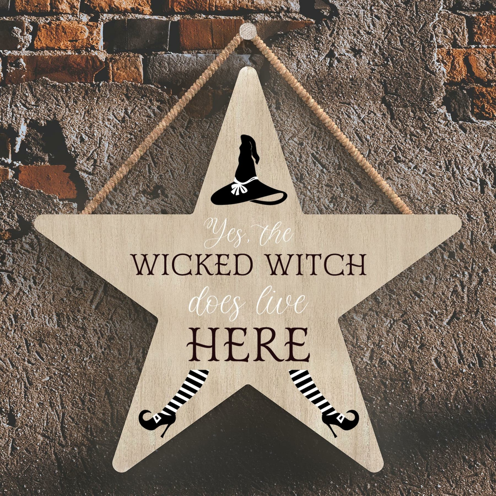 WICKED WITCH STAR SHAPED WITCHCRAFT THEMED HALLOWEEN WOODEN HANGING PLAQUE