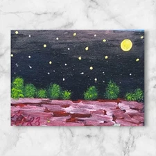 ACEO Landscape Night 5 Flowers Abstract Original Painting Mini Gift Art Handmade