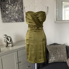 Khaki Green Satin & Mesh Bandeau Gathered Corset Waist Zip Back Mini Dress 10