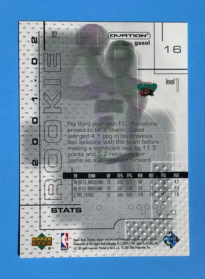 Pau Gasol 2001-02 Upper Deck OVATION Rookie #/625 LOS ANGELES LAKERS 🇪🇸 Spain - Image 4 of 4