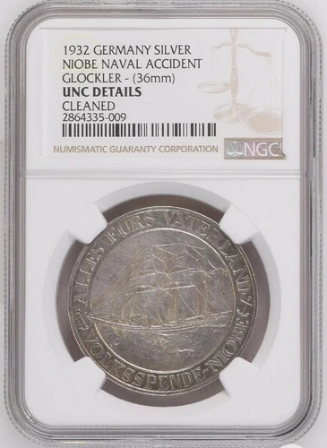 1932 Germany WEIMAR Republic NIOBE Naval Accident Silver Medal NGC UNC Details 