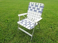 HIGH BACK FOLDING ALUMINUM WEBBED LAWN CHAIR, WHITE, BLUE STRIPES, PLASTIC ARMS