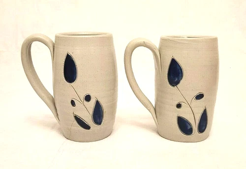 Pair Of Cobalt Blue Salt Glazed Leaf Pottery Tall Mugs Williamsburg Pottery