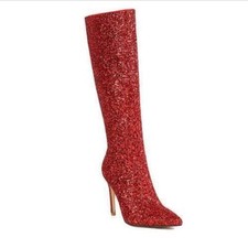 Womens Sequins Side Zip High Heels Pointed Toe Knee High Boots Party Club Casual