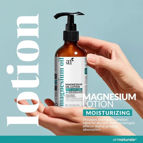 ArtNaturals Magnesium Oil Spray 12 oz + Body Massage Lotion Set 8oz for Feet, - Picture 4 of 7