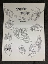 Vintage Wm INKEE BLANCHARD 1994 Tattoo Flash Sheet I-12 Hearts, Wings, Flowers