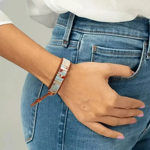 Brazalete de piedras preciosas boho de cuero trenzado a mano con cuentas de tubo de ópalo africano natural regalo - Imagen 5 de 5