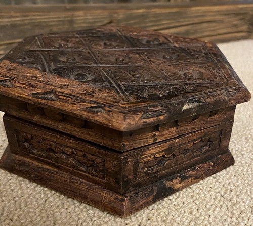 Wood Hand Carved Trinket Box boho hexagonal wooden Brown Jewelry Asian - Picture 5 of 12
