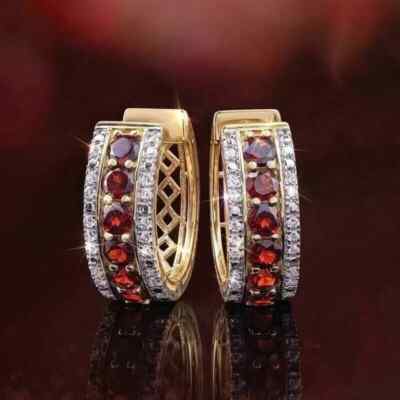 Round Cut Garnet & Lab Created Diamond Wedding 14K Yellow Gold Plated Earrings!