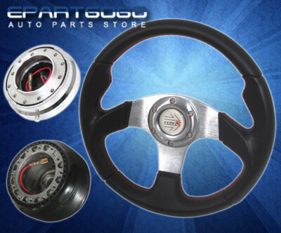89-05 Eclipse 320mm Black Steering Wheel + Adapter Hub + Quick Release Chrome