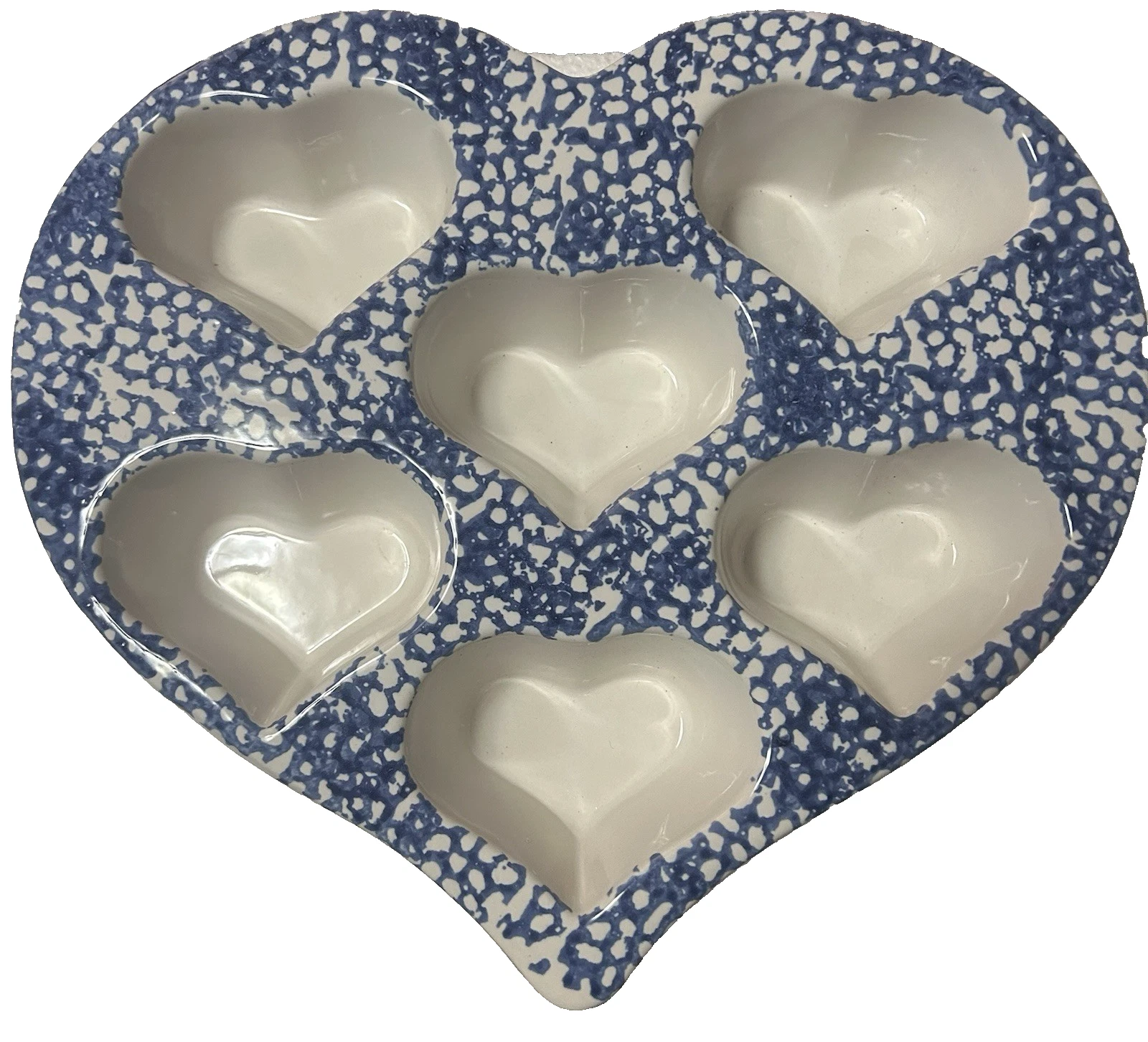 Pottery Heart Shaped Cupcake Pan Muffin Stoneware Blue White Sponge Baking