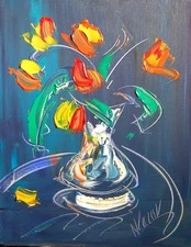 TULIPS ON BLUE   PAINTING Impasto  Abstract   CANVAS ORIGINAL FDDWDW