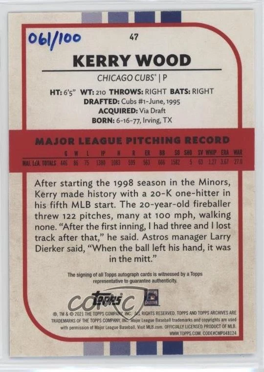 2021 Topps Archives Snapshots Negative Inverse Auto /100 Kerry Wood #47 Auto - Image 2 of 2